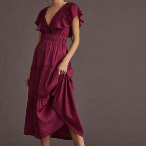 Anthropologie Ruffle Tiered Satin V-Neck Midi Dress in Raspberry
